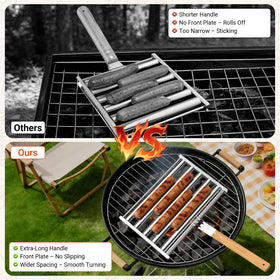 OUBRTS grill session setup showing convenient rotating hot dogs outdoors.