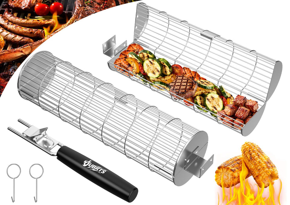 OUBRTS rolling grill basket large ideal for grilling steaks, fish, and chicken evenly.