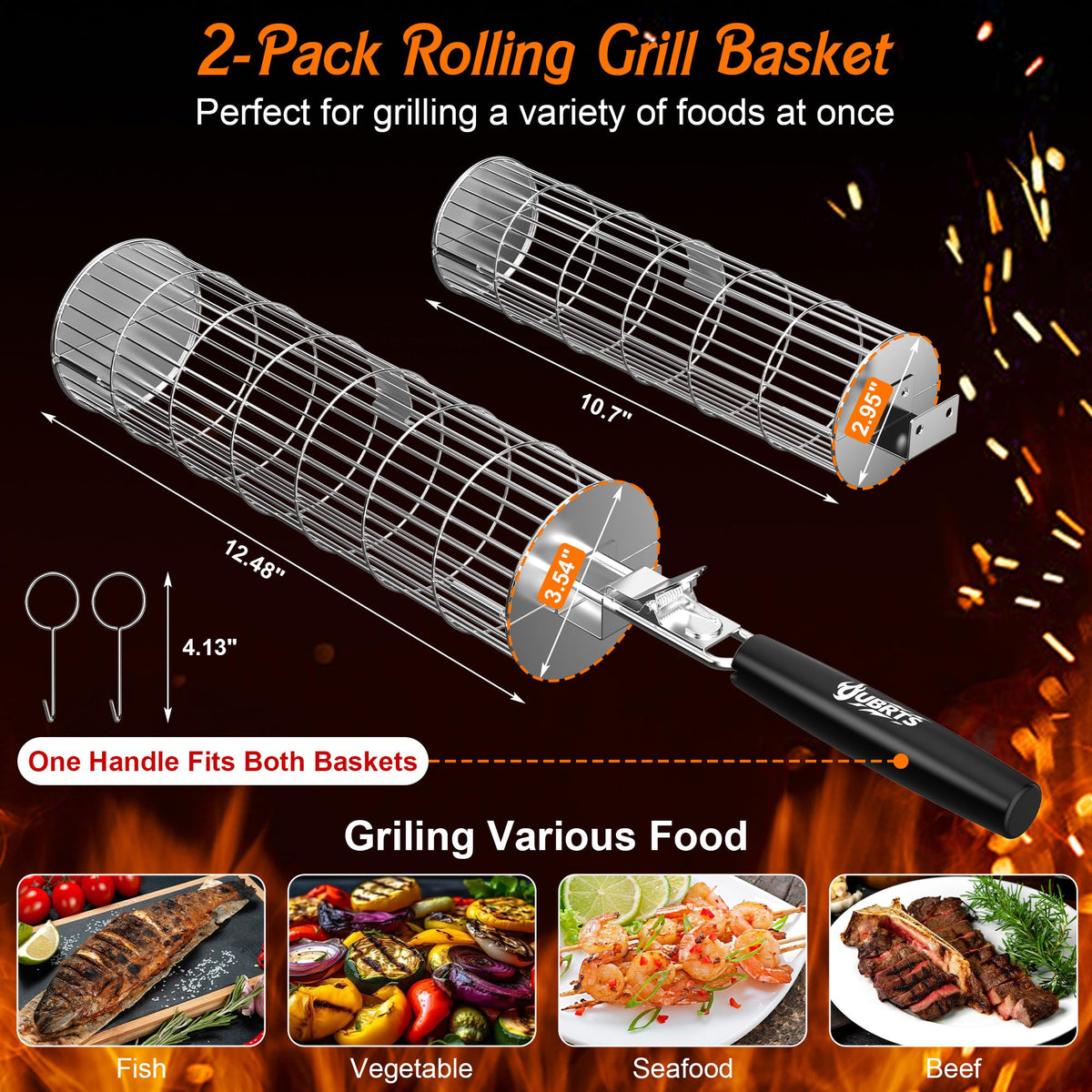 OUBRTS rolling grill basket small perfect for vegetables, shrimp, and small cuts.