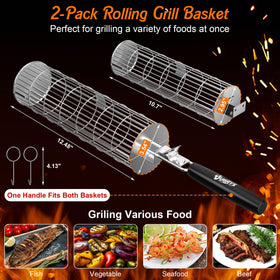 OUBRTS rolling grill basket small perfect for vegetables, shrimp, and small cuts.