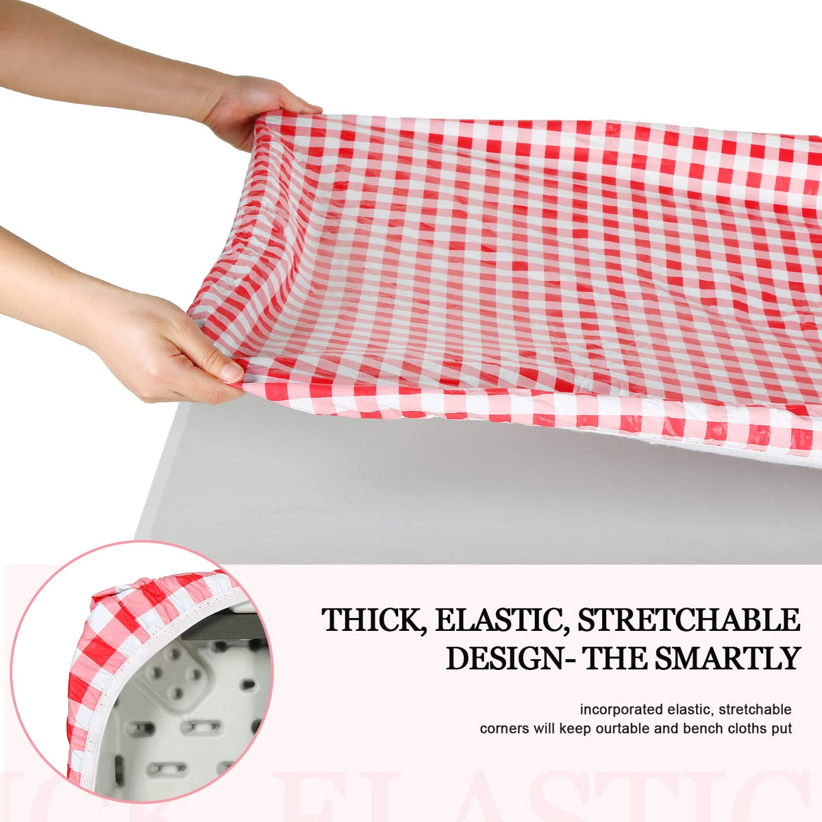 Oudain picnic tablecloth close-up showing red and white checks for festive outdoor meals