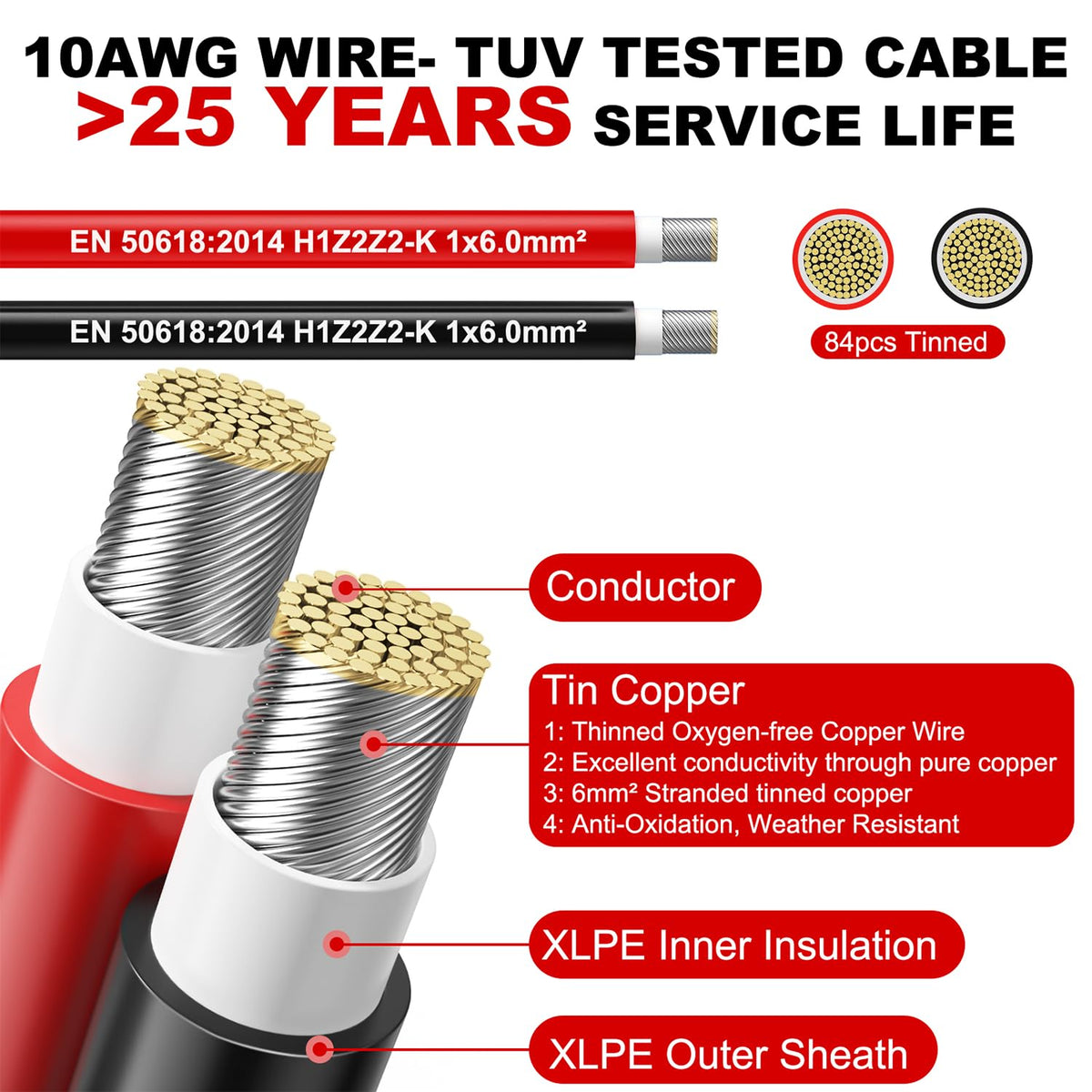 Oududianzi 2x200ft black solar wire coil for weatherproof connections
