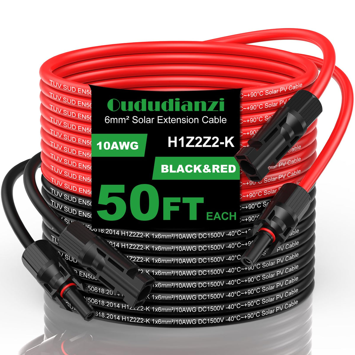 Oududianzi 50ft solar extension cable with red and black leads for flexible panel connections.