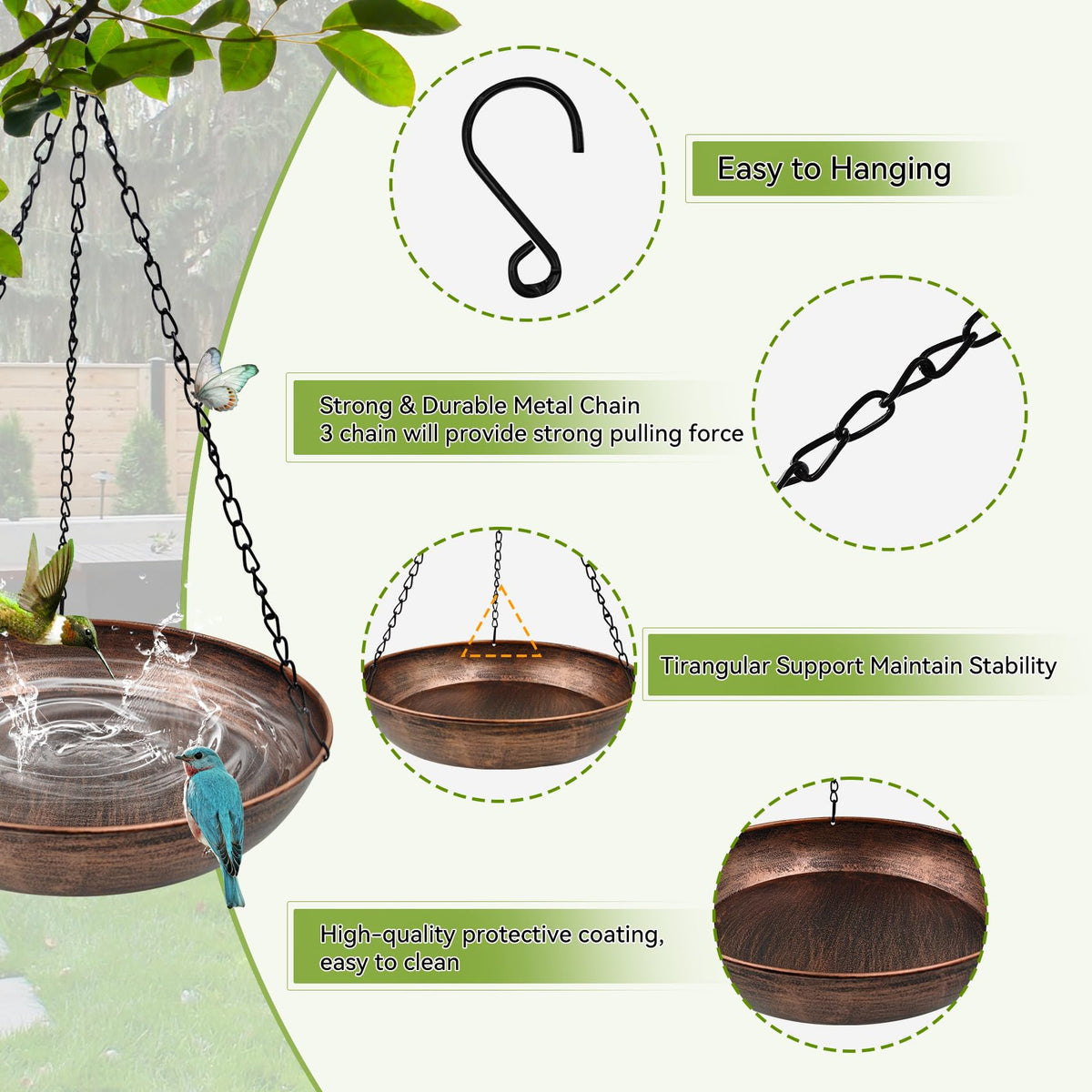 OUISJYER bird bath shown in a garden setting ready to hang.