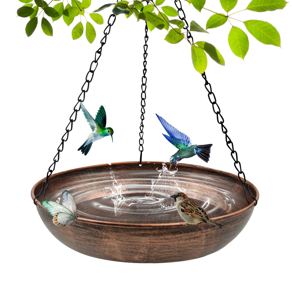OUISJYER hanging bird bath 12-inch bowl invites birds to bathe and drink.