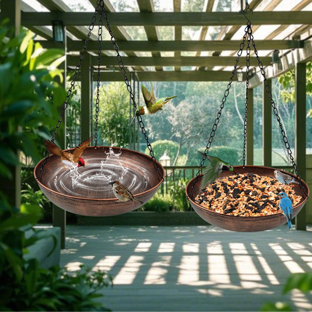 OUISJYER multifunction bird bath can hold water or seeds for birds.