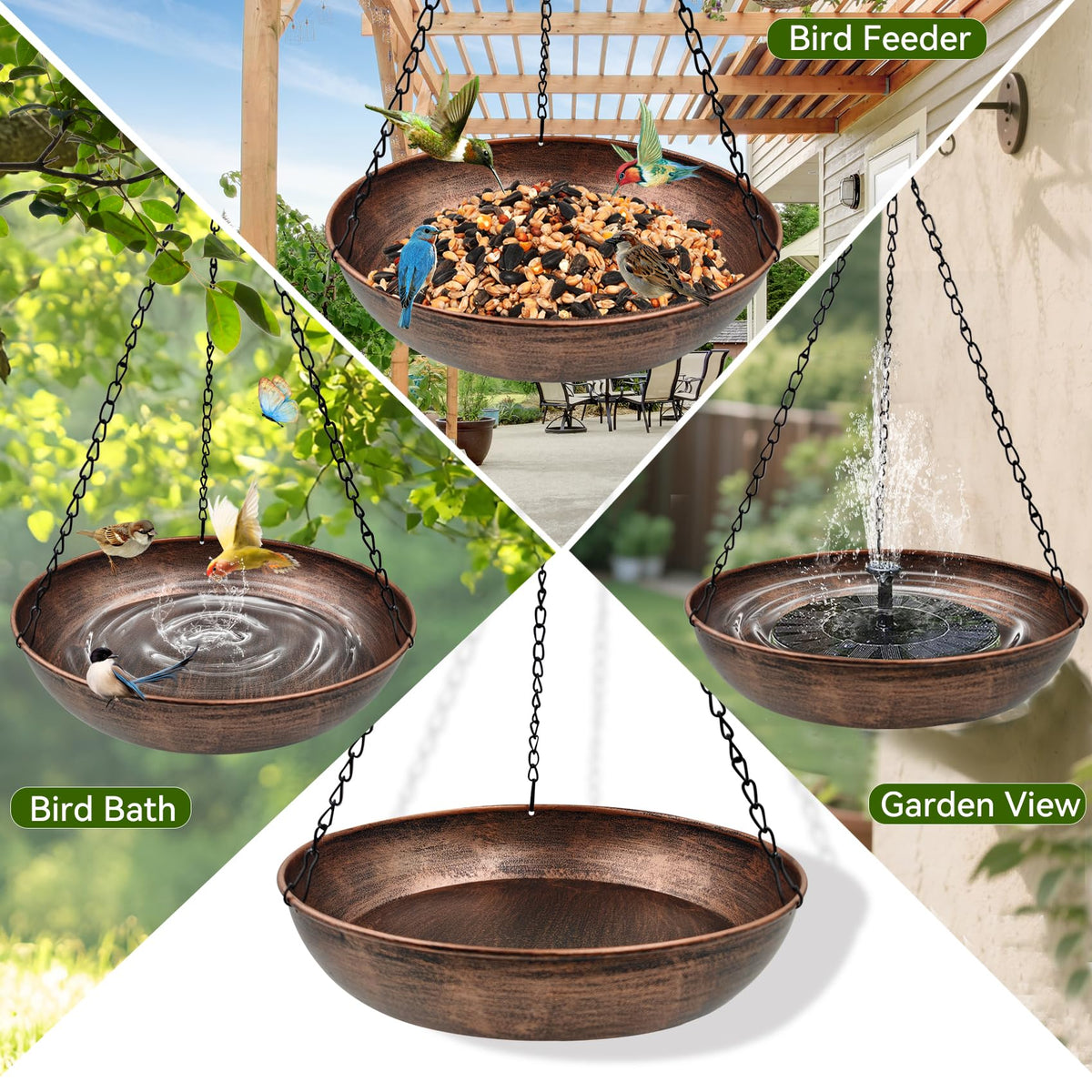 OUISJYER rust-resistant metal bird bath emphasizes durability outdoors.