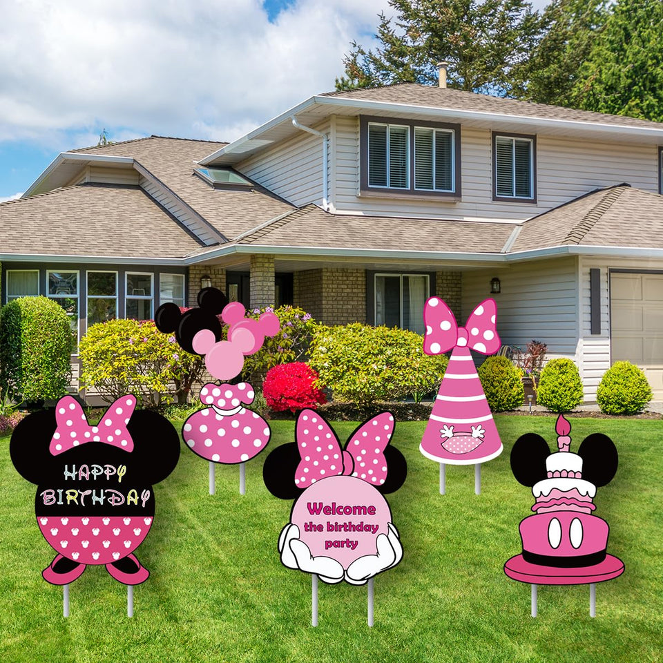 OULUN pink mouse birthday cake sign for yard decor and photo props