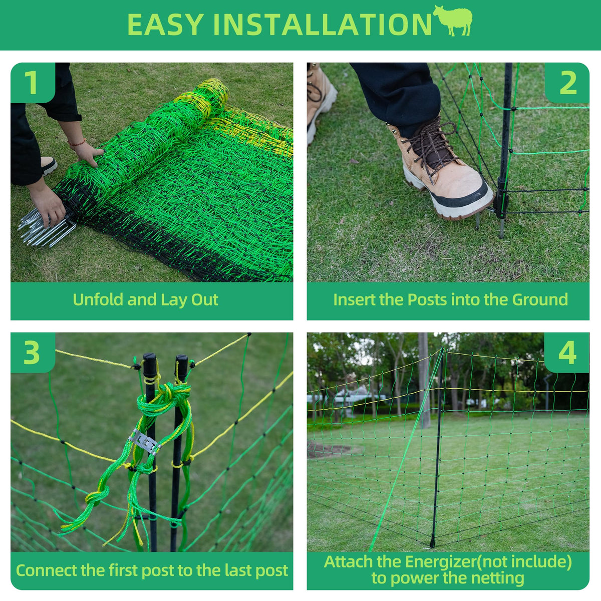 ouluu electric fence netting easy-install illustration of unroll stake connect