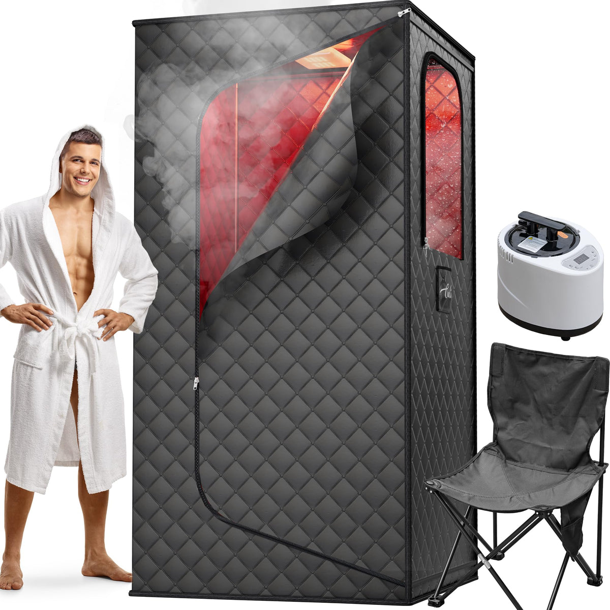 ouluu portable sauna with red light front view showing compact design and warm glow
