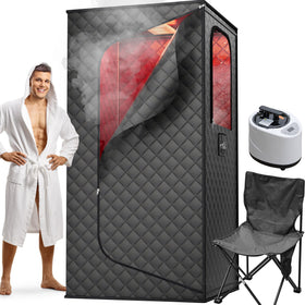 ouluu portable sauna with red light front view showing compact design and warm glow