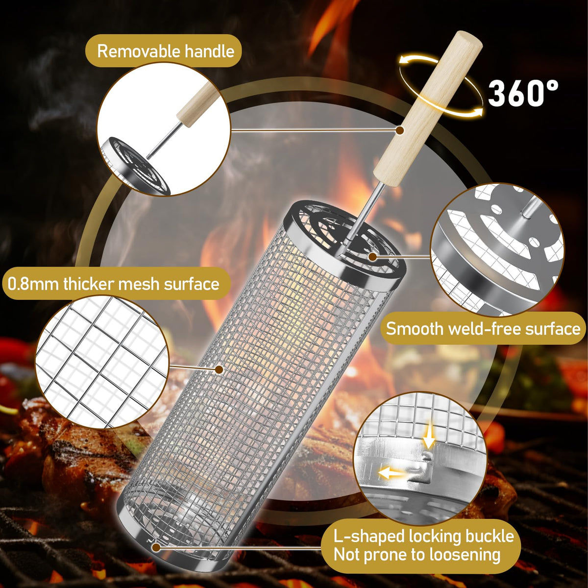 Oungelark rolling grill basket dishwasher-safe for quick cleanup after barbecue.