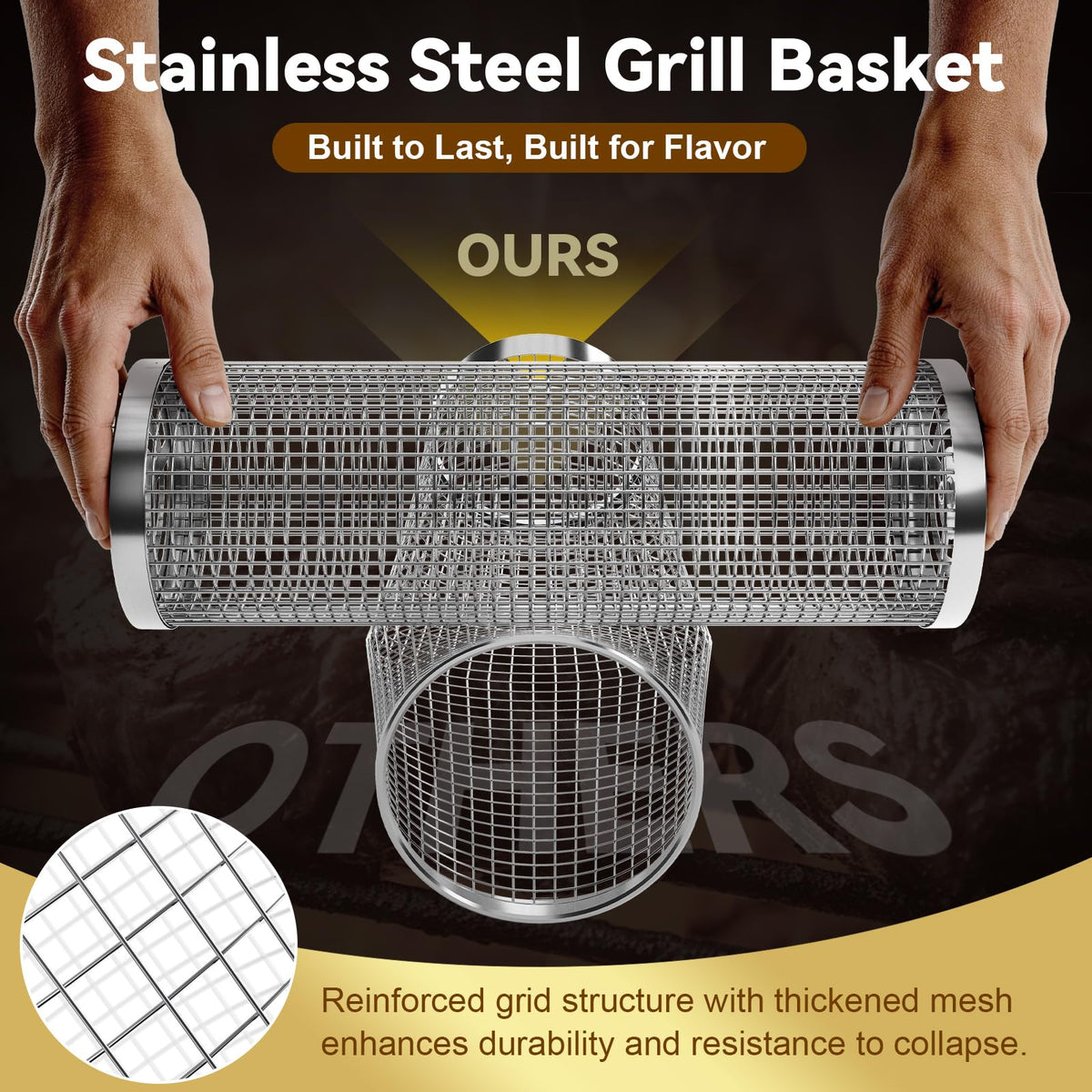 Oungelark rolling grill basket removable handles for easy cleaning after grilling.