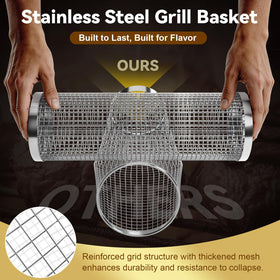 Oungelark rolling grill basket removable handles for easy cleaning after grilling.