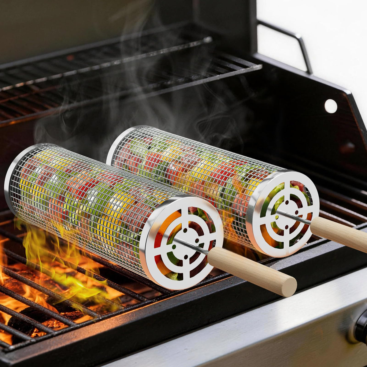 Oungelark rolling grill basket with vegetables for even cooking on the grill.