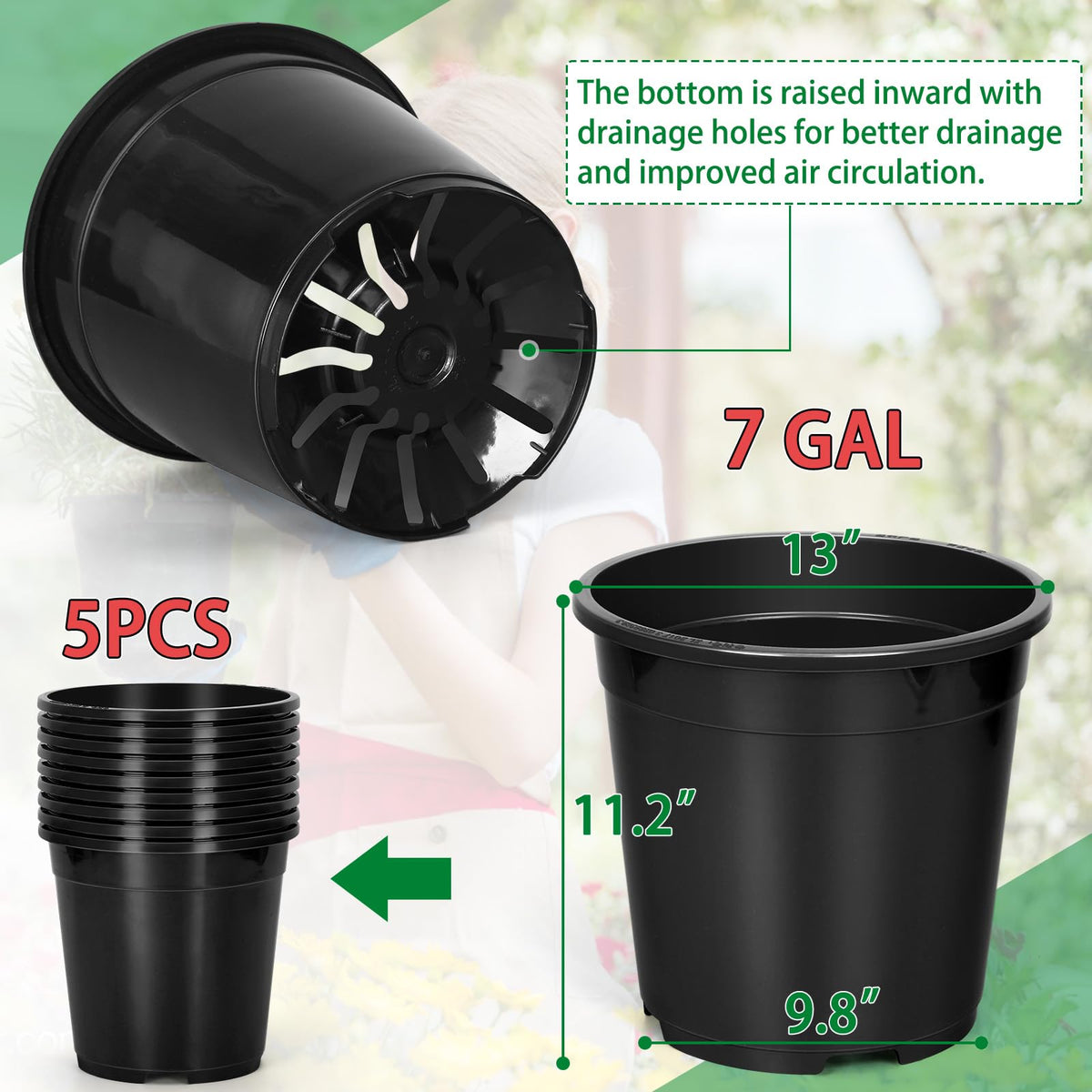 OUPSAUI 7-gallon pot side view showing sturdy plastic and black matte finish