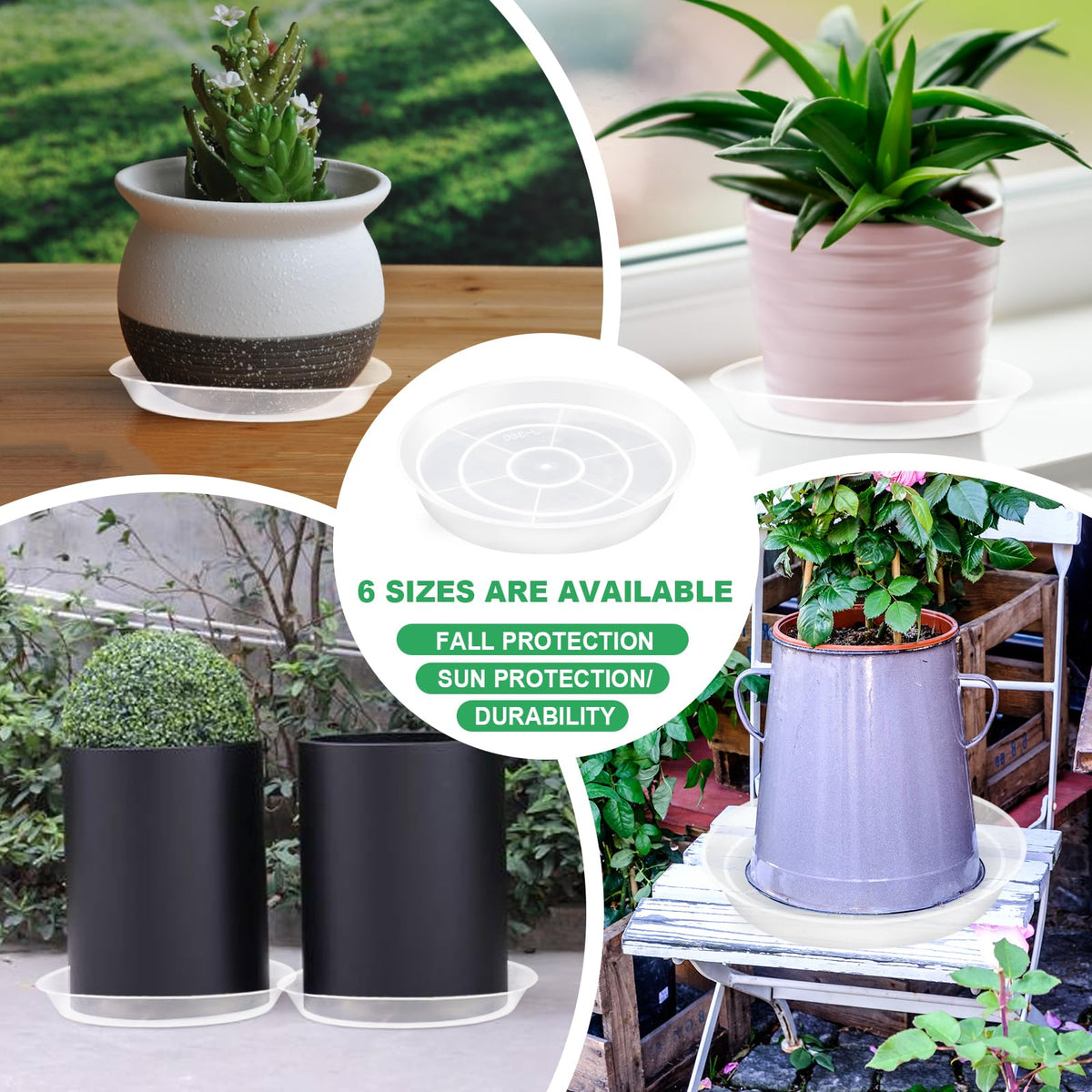 OUPSAUI 6-inch plant saucer emphasizes durable PET construction and recyclability.