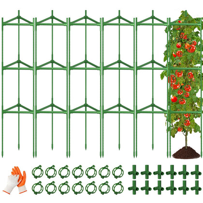 OUREST 6-pack tomato cages in a tidy garden setup for sturdy vegetable support