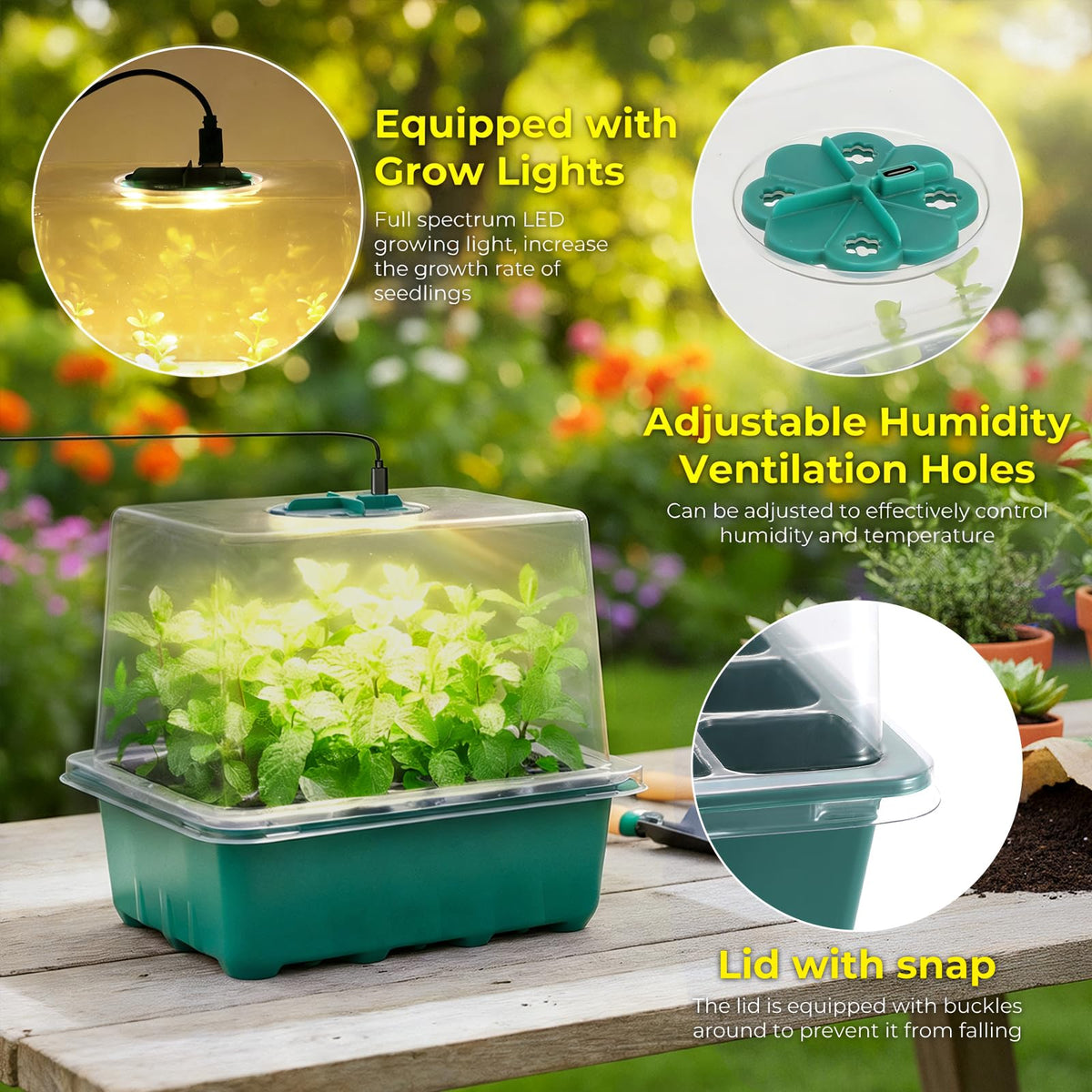 Ourhom humidity dome with adjustable vents controls seedling moisture.
