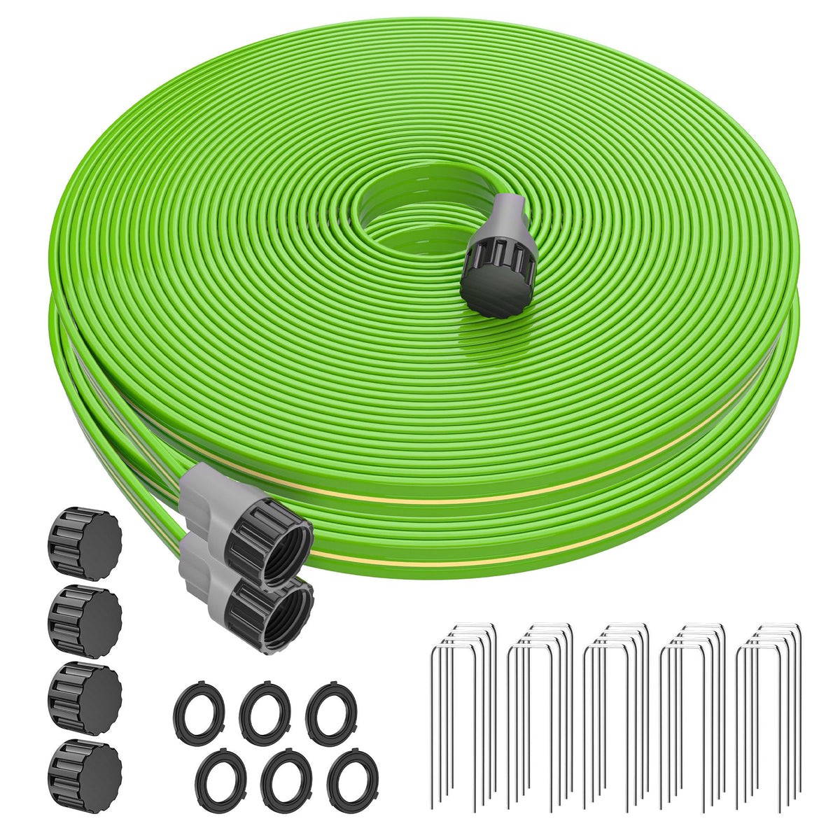 Oursieez 100FT sprinkler hose coiled in the yard for efficient lawn watering.