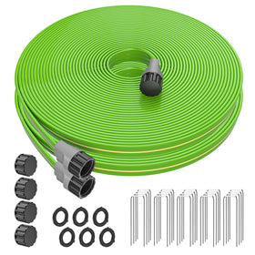Oursieez 100FT sprinkler hose coiled in the yard for efficient lawn watering.