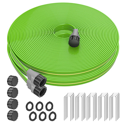 Oursieez 100FT sprinkler hose coiled in the yard for efficient lawn watering.
