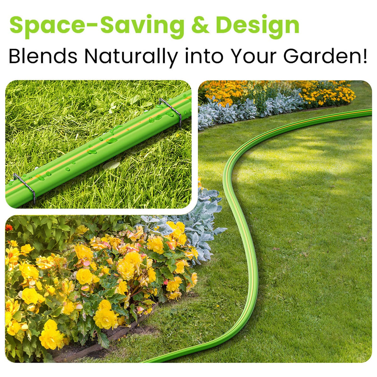 Oursieez flat-lay hose tucked under mulch for a neat, low-profile irrigation.