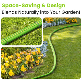 Oursieez flat-lay hose tucked under mulch for a neat, low-profile irrigation.