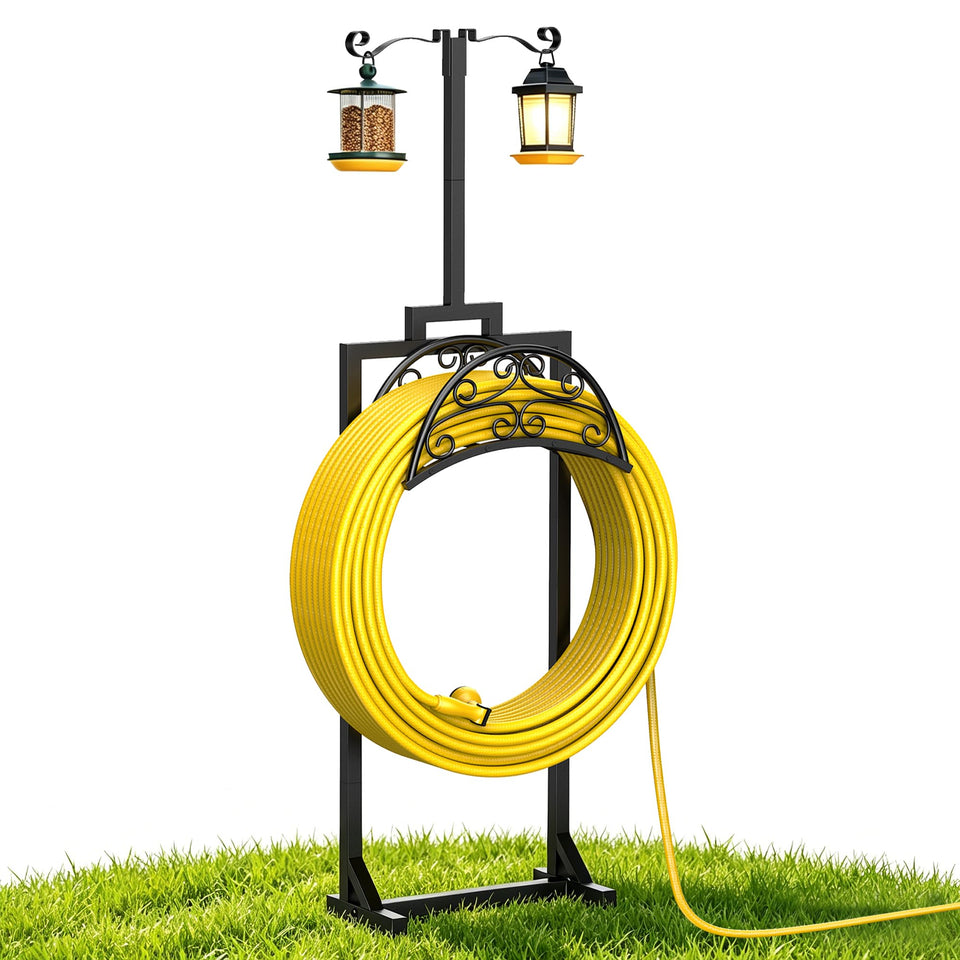 Oursieez garden hose holder stand keeps hoses tidy in outdoor spaces.
