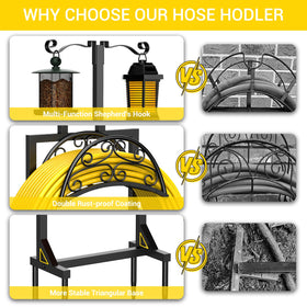 Oursieez heavy-duty wrought-iron hose rack resists rust outdoors.