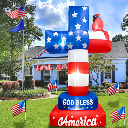 OurWarm 8ft memorial day cross inflatable with flag and cardinal, ideal for outdoor decor.