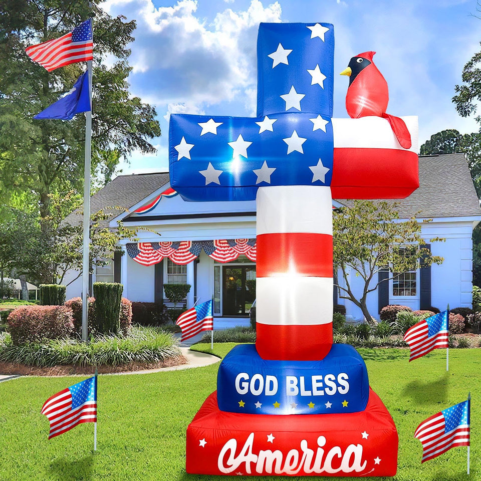 OurWarm 8ft memorial day cross inflatable with flag and cardinal, ideal for outdoor decor.