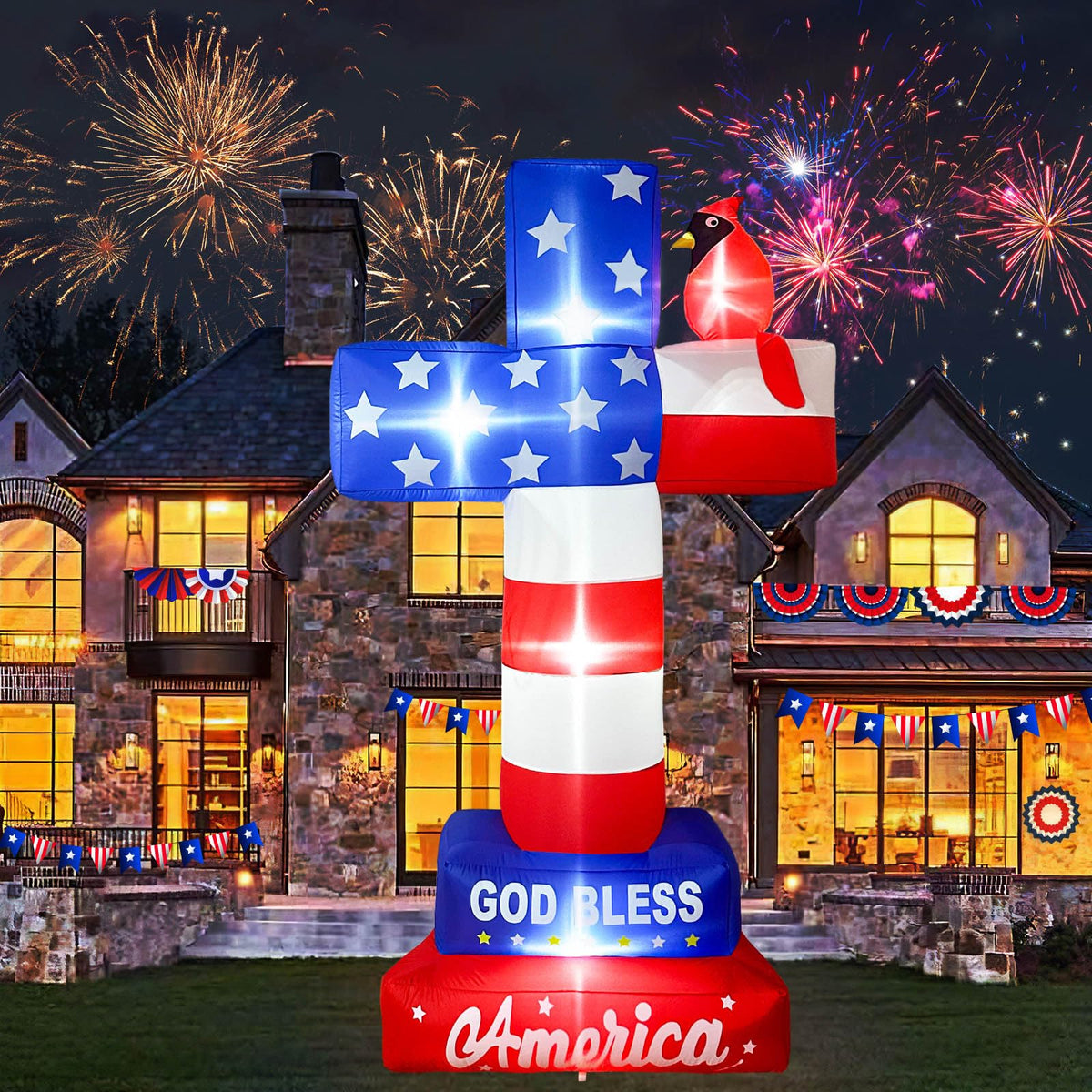 LED-lit cross creates a dignified night display for patriotic occasions.