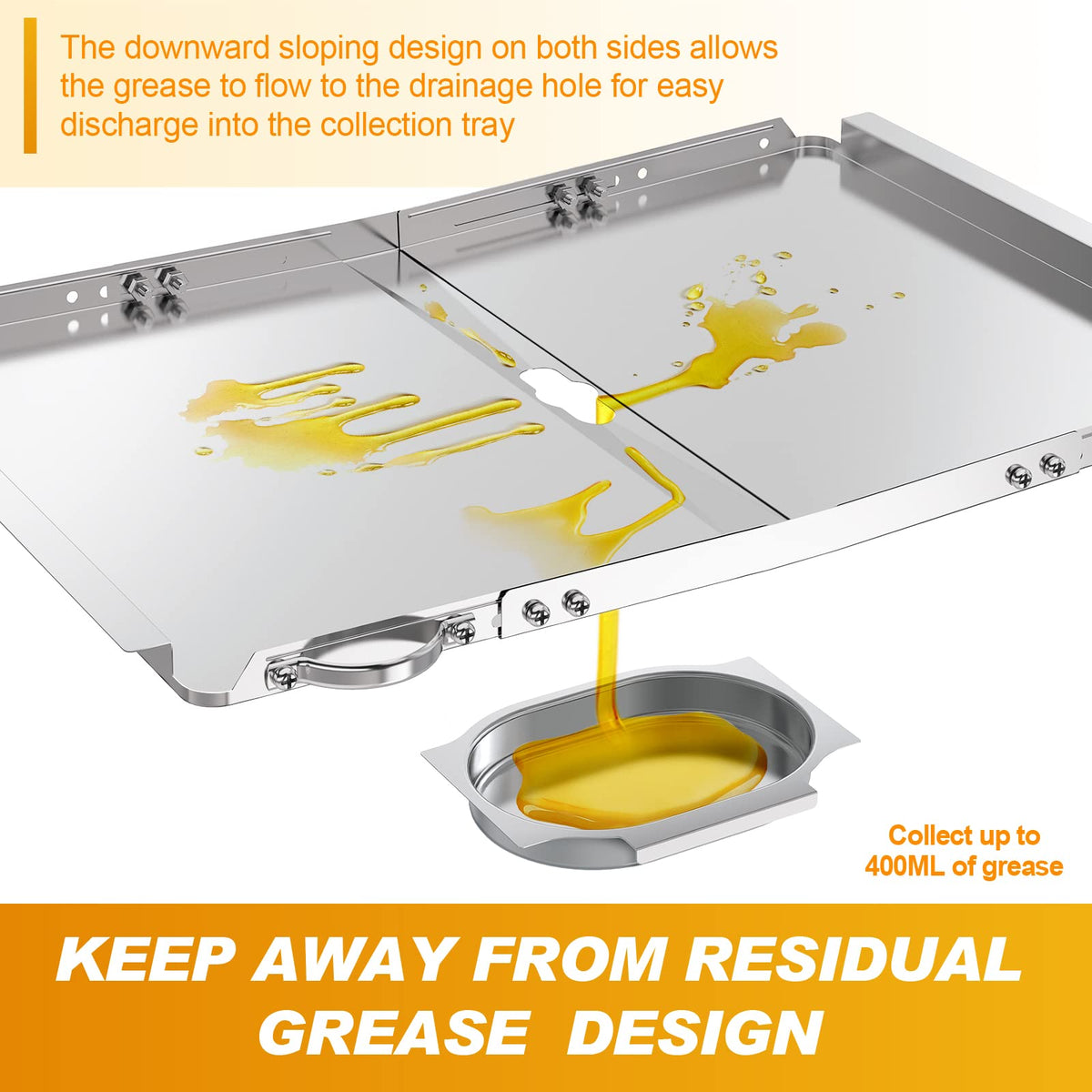 Outage grease tray with handles prevents spills and protects hands during removal.