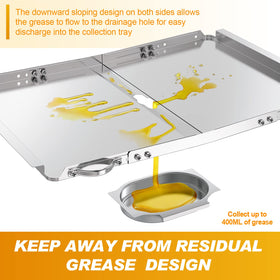Outage grease tray with handles prevents spills and protects hands during removal.