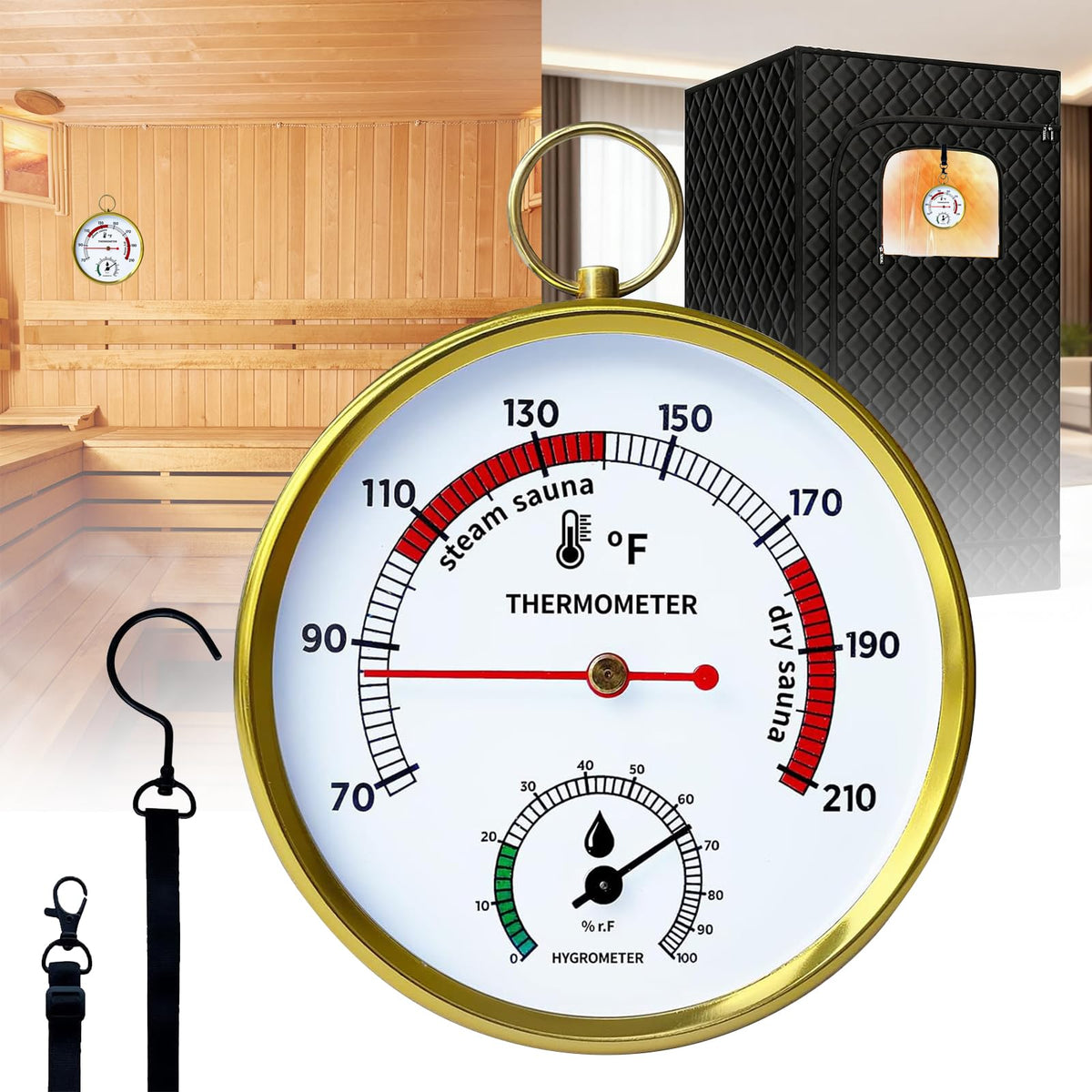 Outapex sauna thermometer dial close-up for clear steam readings.