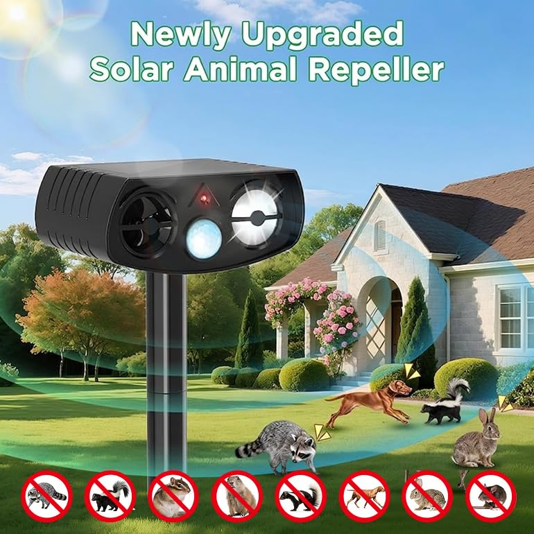 Outdoll Solar Animal Repeller in yard demonstrates cordless solar operation