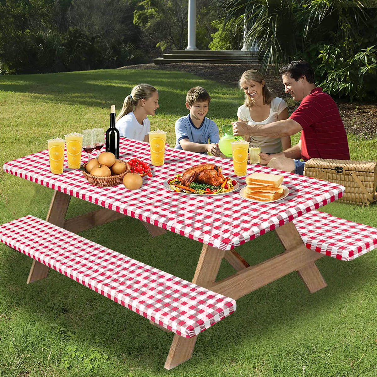 OutdoorLines checkered red bench cover 72x12 protecting a bench on a sunny day