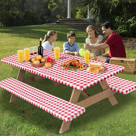 OutdoorLines checkered red bench cover 72x12 protecting a bench on a sunny day