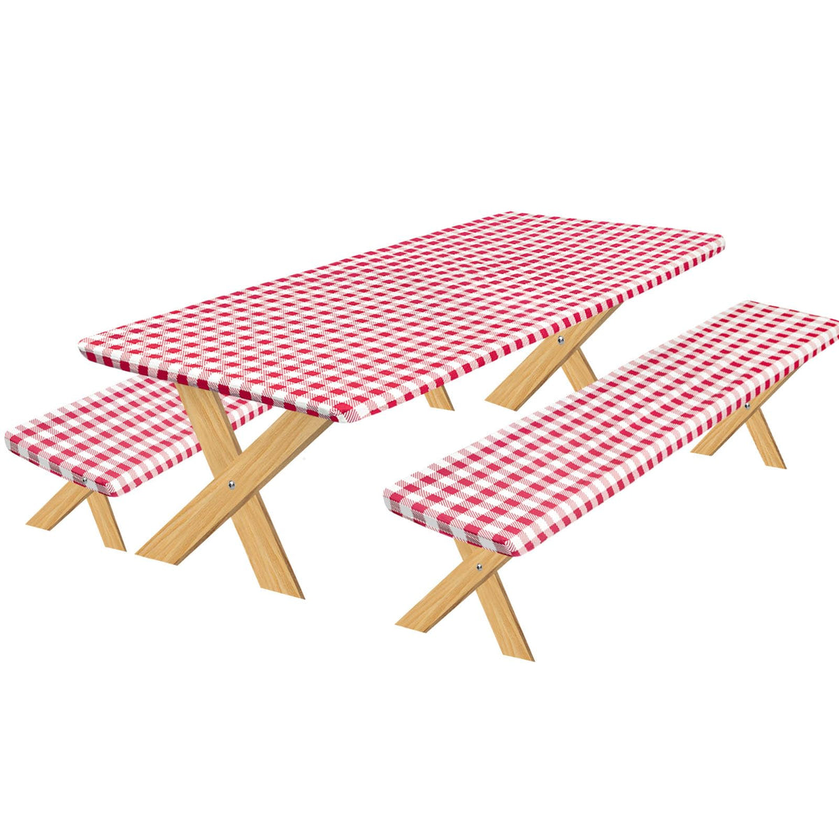 OutdoorLines checkered red table cover 72x30 on a picnic table, waterproof protection