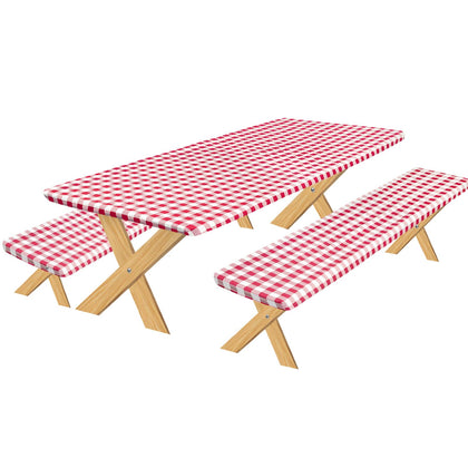 OutdoorLines checkered red table cover 72x30 on a picnic table, waterproof protection