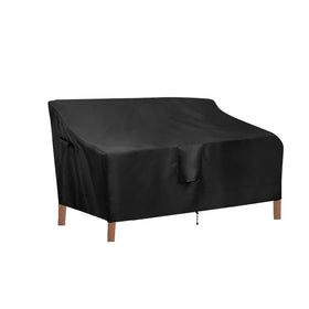 OutdoorLines patio loveseat cover in black, front view showing weatherproof fabric