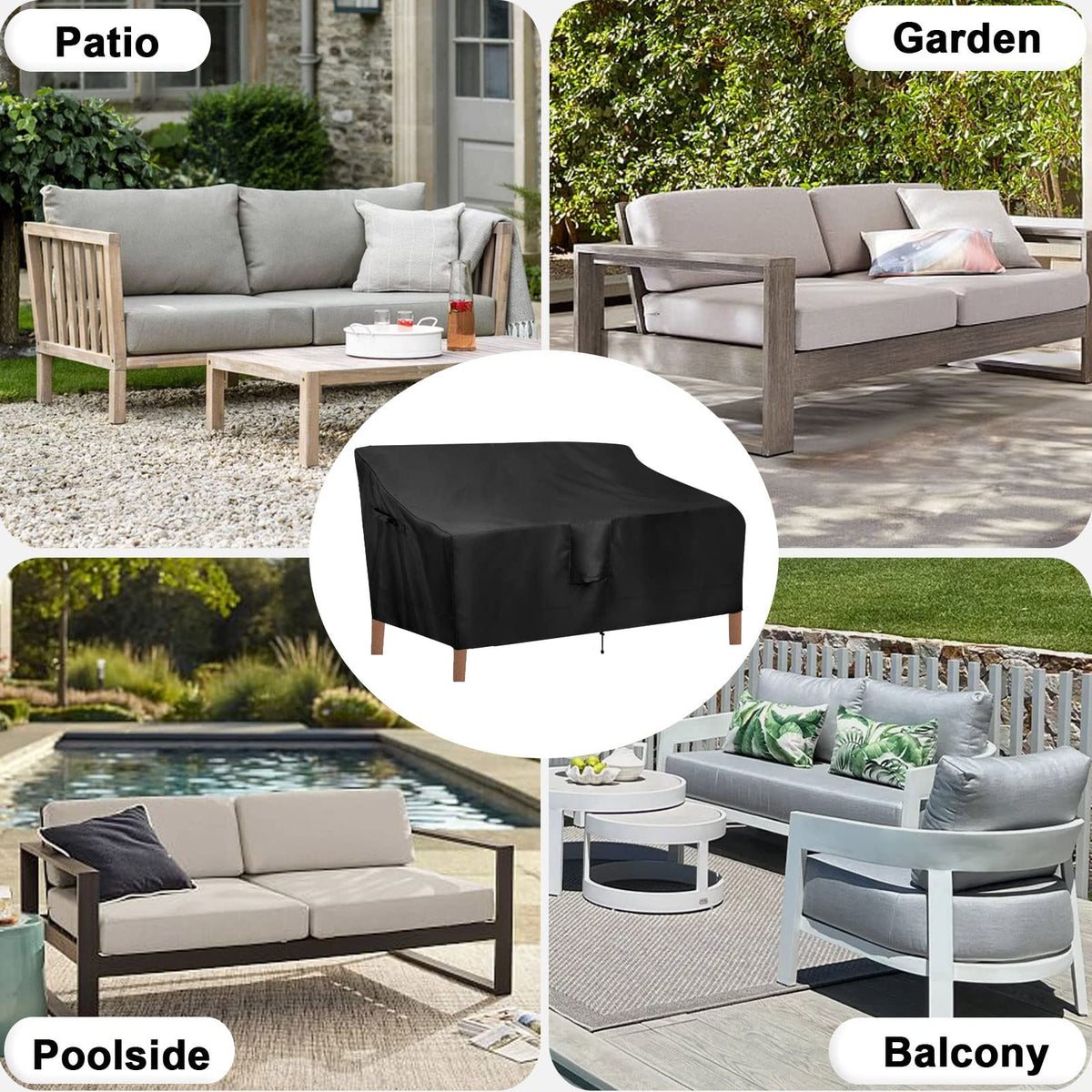 OutdoorLines black cover fitted to loveseat outdoors in yard