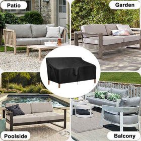 OutdoorLines black cover fitted to loveseat outdoors in yard
