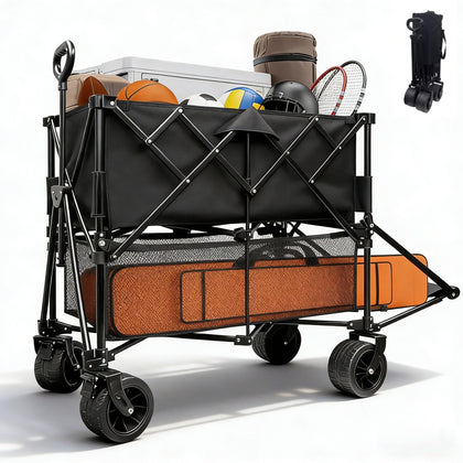 Outdopia double-decker wagon extended to 55 inches for long-item transport.