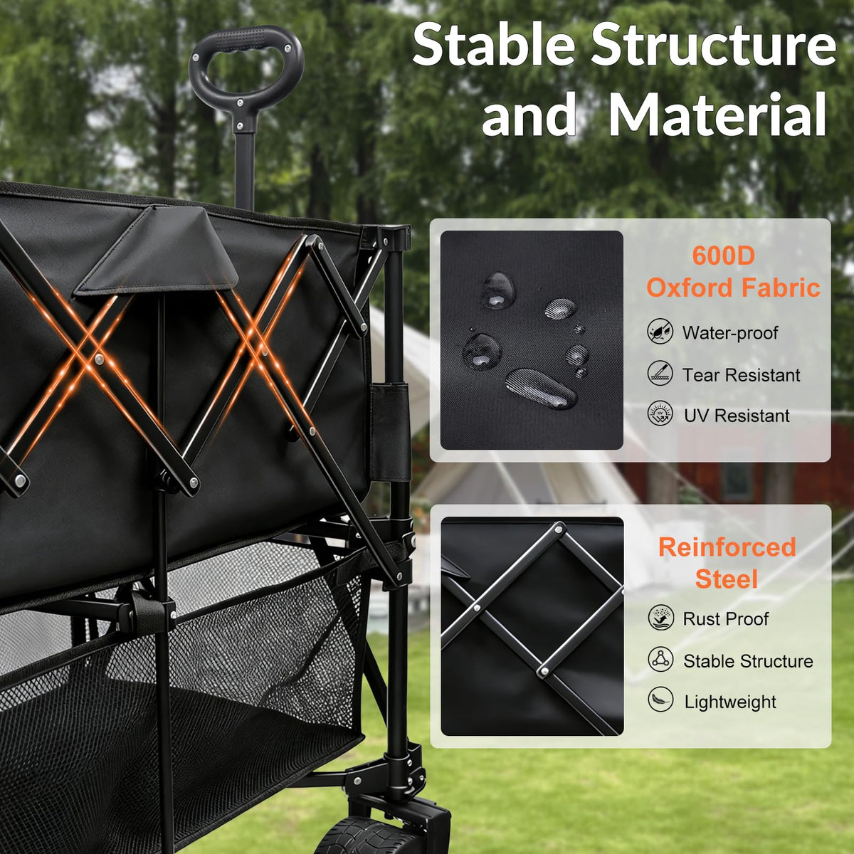 Outdopia weather-resistant folding cart cleans easily after outdoor use.