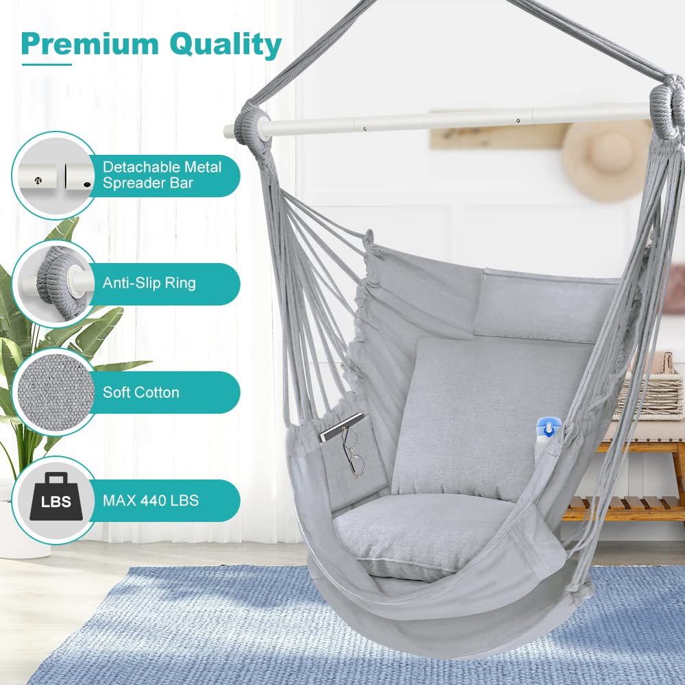 Outerman hammock chair cushions and neck pillow provide plush back and seat comfort