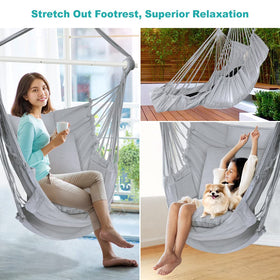 Outerman hammock chair shown indoors and outdoors for versatile spaces