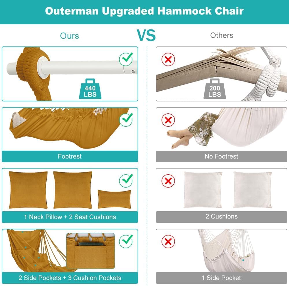 Outerman hammock chair shown indoors and outdoors for versatile relaxation.
