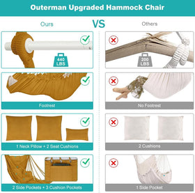 Outerman hammock chair shown indoors and outdoors for versatile relaxation.